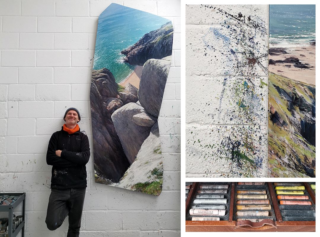 Paul Lewin in his studio Artist Paul Lewin stood beside his landscape painting
